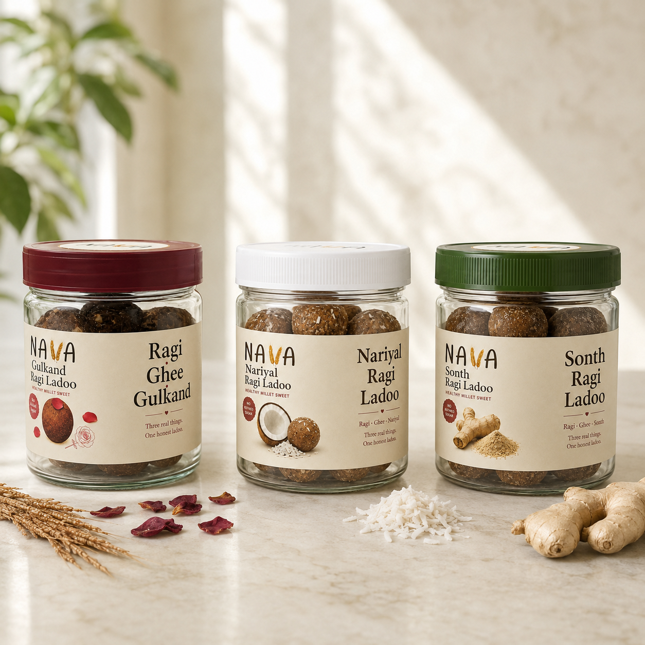 Ragi Ladoo Trio Pack- Gulkand, Nariyal & Sonth